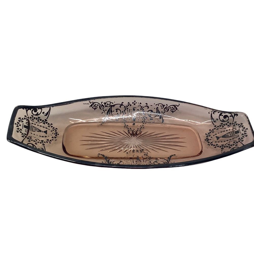 Pink Depression Oval Glass Plate Silver Scroll Overlay Pink 12" Vintage